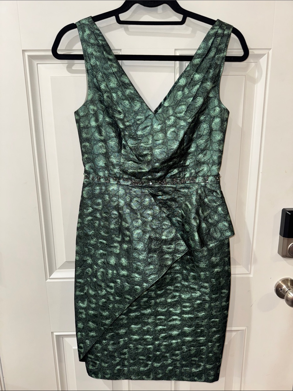 Kay Unger Iridescent Emerald One-Shoulder Sheath Dress
